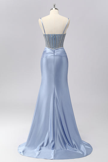Sparkly Grey Blue Spaghetti Straps Mermaid Satin Prom Dress with Rhinestones